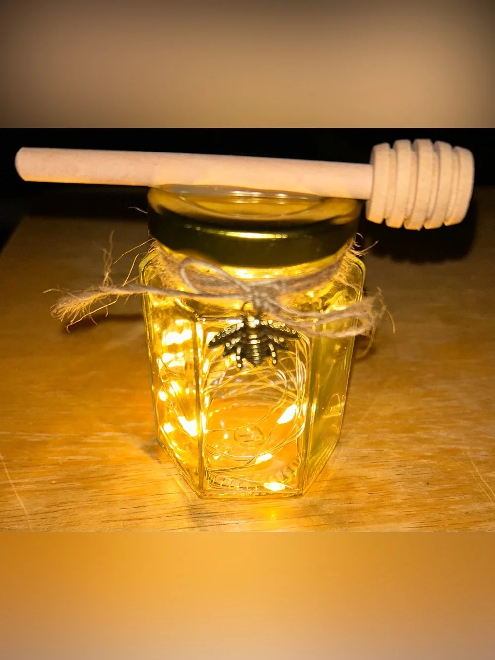 HONEY BEE YELLOW FAIRY-LIGHT MINI JAR W/ CHARM AND SERVER DECOR/HANDCRAFTED!